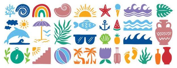 Obraz premium retro groovy boho geometric summer surf beach or palm tree set. beach elements hand drawn cartoon doodle signs