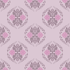 Seamless purple damask pattern with floral motifs on soft lavender background, elegant ornamental design for wallpaper, fabric, and home decor.