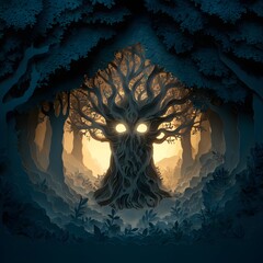 Paper cut scary tree with glowing eyes in dark forest