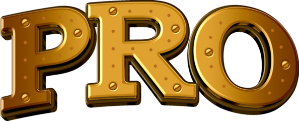 3D Gold "PRO" Text with Screws on Transparent Background - Professional Concept for Business, Gaming and Technology