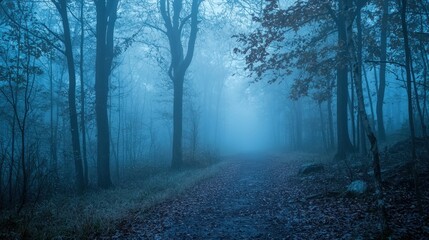 Obraz premium A mysterious foggy forest scene that gives a sense of goosebumps to anyone wandering through its shadowy paths
