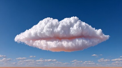 A cloud shaped like a lip is floating in the sky. The sky is blue and the clouds are white