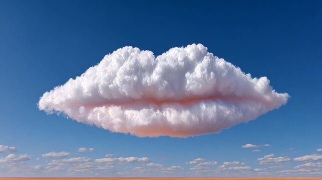 A cloud shaped like a lip is floating in the sky. The sky is blue and the clouds are white