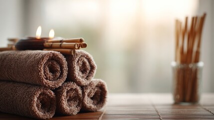 Fototapeta premium Aromatherapy Arrangement with Spa Towels, Scented Candle, and Wooden Table in Serene Atmosphere