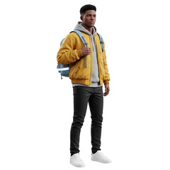 Naklejka premium Young Person Wearing Mustard Jacket Gray Hoodie and Backpack on White Background