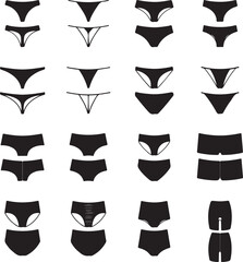 Vector icons set of different styles of lingerie, swimsuits, and other female clothing silhouettes
