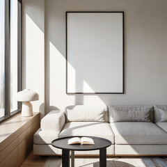 Modern minimalist living room interior with large blank frame, beige sofa, and sunlit ambiance.