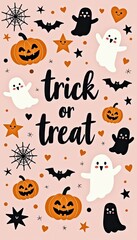 Obraz premium Cute halloween illustration with the text trick or treat surrounded by playful ghosts, smiling pumpkins, bats, and hearts on a pink background, perfect for festive decorations and holiday designs