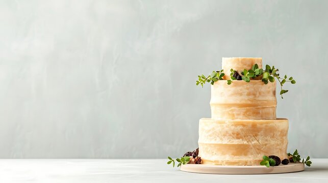 Elegant two tiered cake decorated with fresh greenery and berries