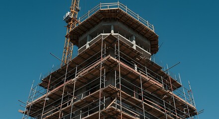 Modern Skyscraper Construction with Scaffolding, Blue Sky