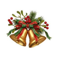 Golden Christmas Bells with Red and Green Ribbon and Holiday Foliage on White Background