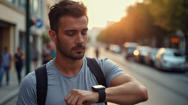 Young man checking his pulse on smartwatch while walking outdoors