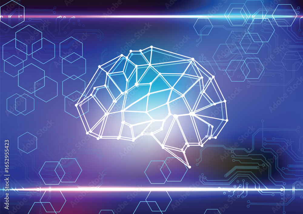 Poster futuristic ai brain technology with data computing. abstract artificial intelligence on dark blue ba