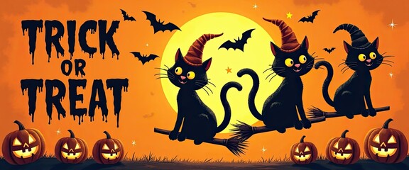 Spooky halloween night scene with three black cats wearing witch hats flying on a broomstick across a full moon, surrounded by bats and jackolanterns, with trick or treat text