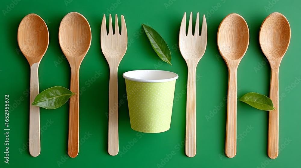 Poster a green background with wooden spoons and forks and a green cup. the spoons and forks are arranged i