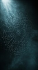 Spider web illuminated in smoky background