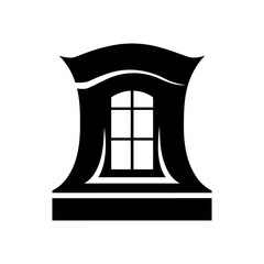 Illustration of a window with decorative curtains in a symmetrical black and white design element style