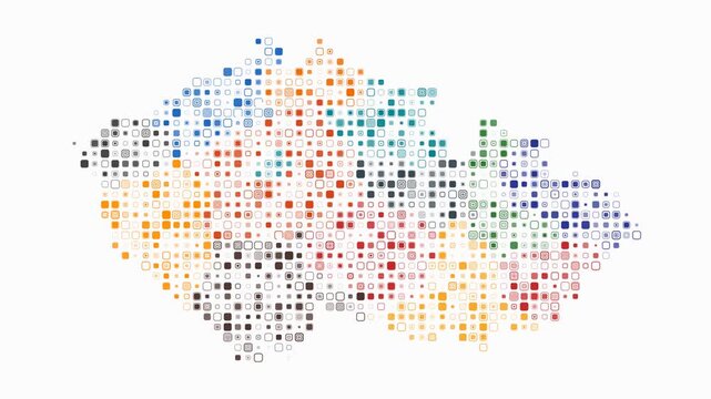 Czechia map animation. Shape of the country with pulsating colored dots. Small size rounded square blocks. Digital style Czechia map on white background. Vibrant video.