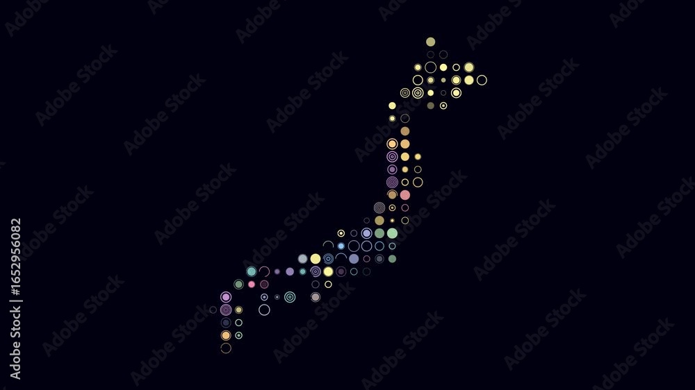 Poster japan map animation. shape of the country with pulsating colored dots. large size circle blocks. dig