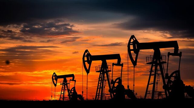 Oil pump jacks operating at sunset with dramatic sky, silhouette of oil drilling rigs in petroleum field, energy production and crude oil extraction in industrial landscape