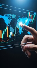 Finger pointing at global financial market stock chart on screen