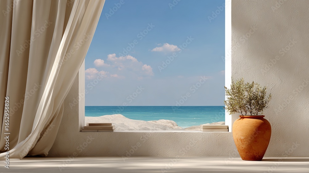 Poster a window with a view of the ocean and a vase with a plant in it. the scene is serene and peaceful, w