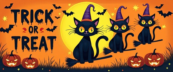 Spooky halloween scene with three black cats wearing witch hats, flying on broomsticks in front of a large full moon, with pumpkins and bats, and the text trick or treat