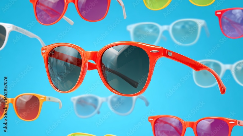 Poster a collection of colorful sunglasses with a blue background. the sunglasses are arranged in a way tha
