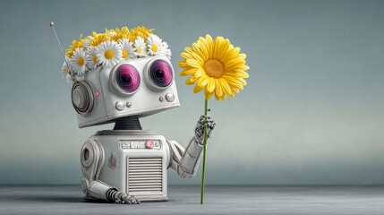 A robot is holding a yellow flower in its hand. The robot is wearing a flower crown on its head