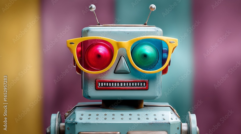 Poster a robot with sunglasses on its face. the robot is wearing yellow and blue sunglasses. the robot is s
