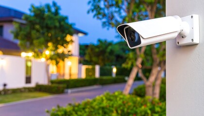 A security camera is mounted on a light gray wall, overlooking a residential street at twilight.