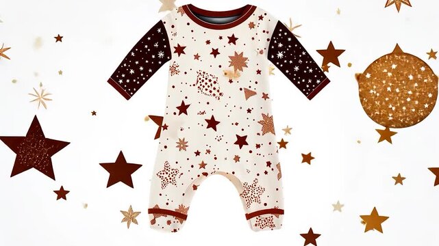 Cream baby romper with star pattern, brown sleeves, surrounded by gold and brown stars