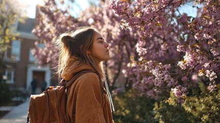 Young students sneezing gently outdoors amid blooming spring flowers. Fresh spring air with vibrant blossoms and tender moments.
