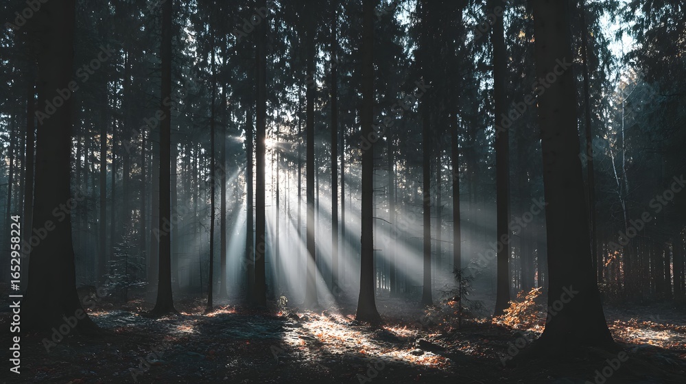 Poster sunlight streams through a dense forest, illuminating the misty air and creating a serene and myster
