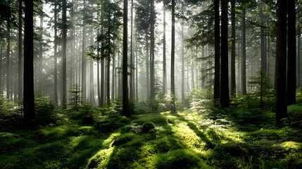 Obraz premium Sunlight streams through a dense forest, illuminating a mossy forest floor covered in greenery.
