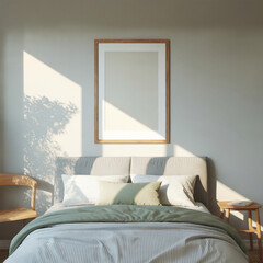 Serene Minimalist Bedroom Mockup:  Sunlight, Wooden Frame, Green Bedding, and Calm Atmosphere.