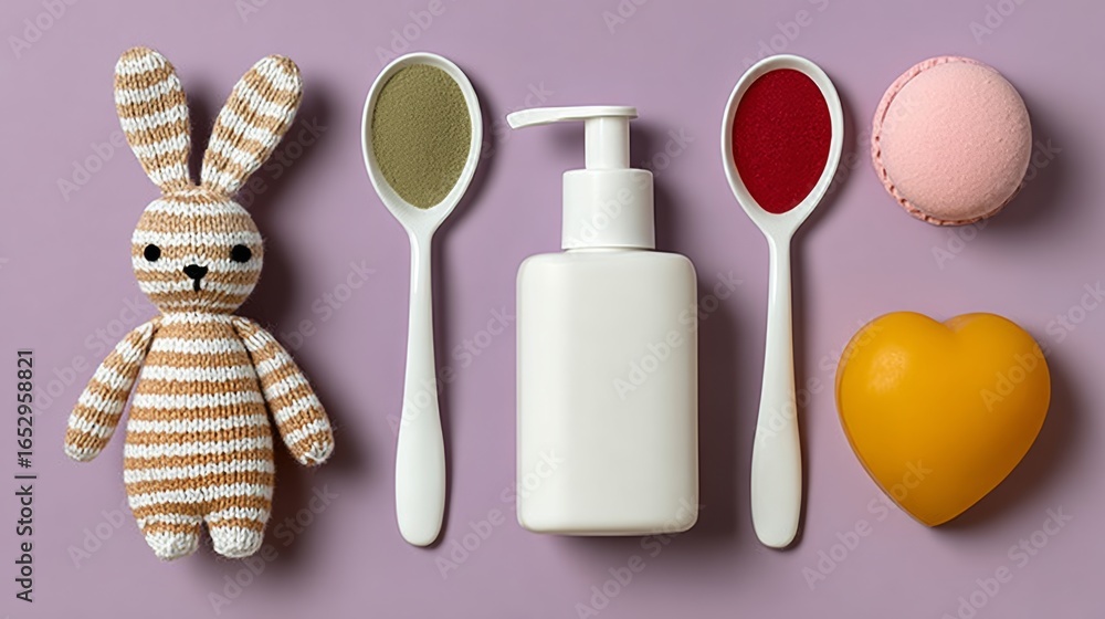 Poster a white bottle of lotion sits next to a stuffed rabbit and two spoons. the scene is playful and whim