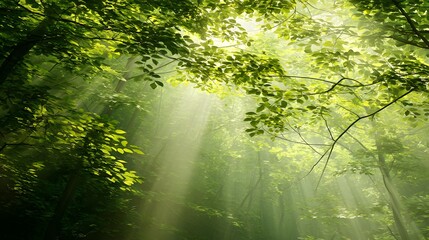 Obraz premium Sunlight streams through a dense forest canopy, illuminating the lush greenery below, creating a serene and peaceful atmosphere.