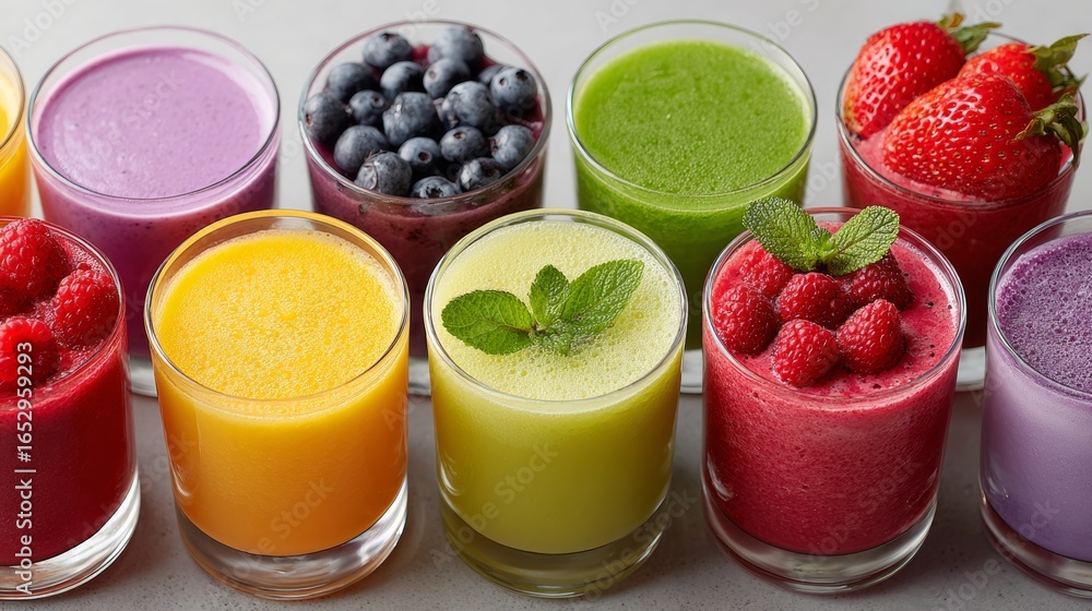 Poster a row of colorful drinks with fruit garnishes. the drinks are in a row and are of different colors