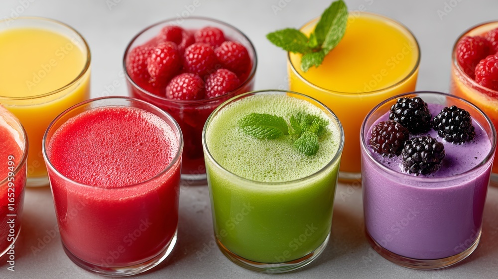 Poster a row of colorful drinks with a green drink in the middle. the drinks are in different colors and ha