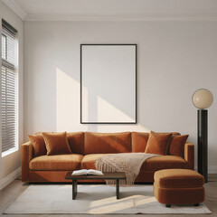 Modern minimalist living room interior: burnt orange velvet sofa,  blank canvas mockup, and warm sunlight.