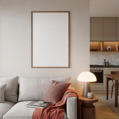 Modern minimalist living room interior mockup with large blank frame, neutral tones, and warm lighting.
