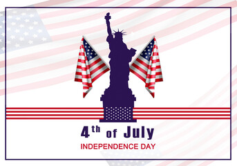 4th of July USA Independence Day celebration greeting card design template. Statue of Liberty and USA Flag concept.