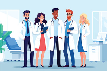 Diverse Medical Team Standing Together in a Bright, Modern Clinic Setting