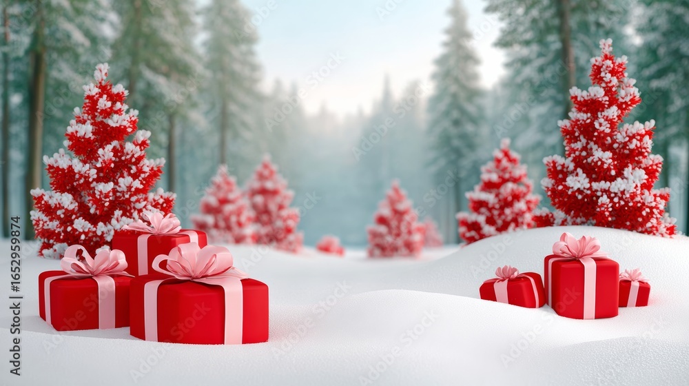 Poster a red and white christmas scene with a red tree in the background. there are several red boxes with 
