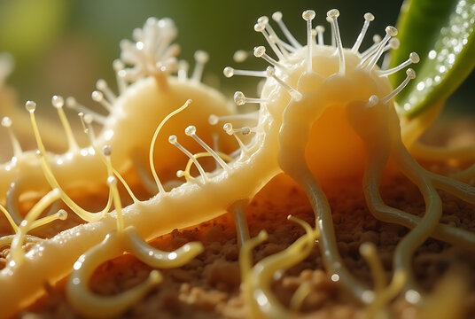 A high-resolution, realistic close-up image of Glomeromycota fungi closely associated with plant root cells. 