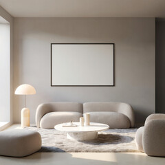 Modern Minimalist Living Room Interior: Neutral Tones, Plush Sofa, Mockup Frame