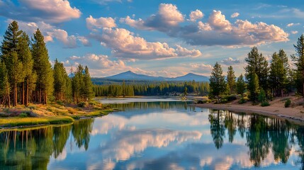 Fototapeta premium A serene lake scene, reflecting a tranquil sky filled with soft clouds, surrounded by lush green forests and a tranquil mountain range.