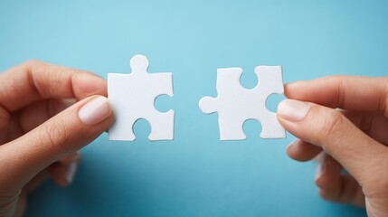 Two Hands Connecting Matching White Puzzle Pieces Symbolizing Solution and Strategic Fit