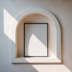 Modern minimalist blank canvas in arched alcove, sunlit wall, serene mood.